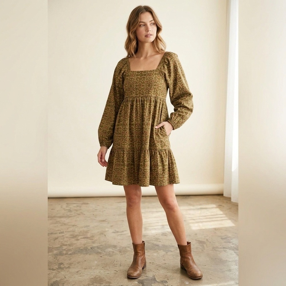 Universal Thread Olive Green Floral Smocked Tiered Mini Dress Boho Size Medium